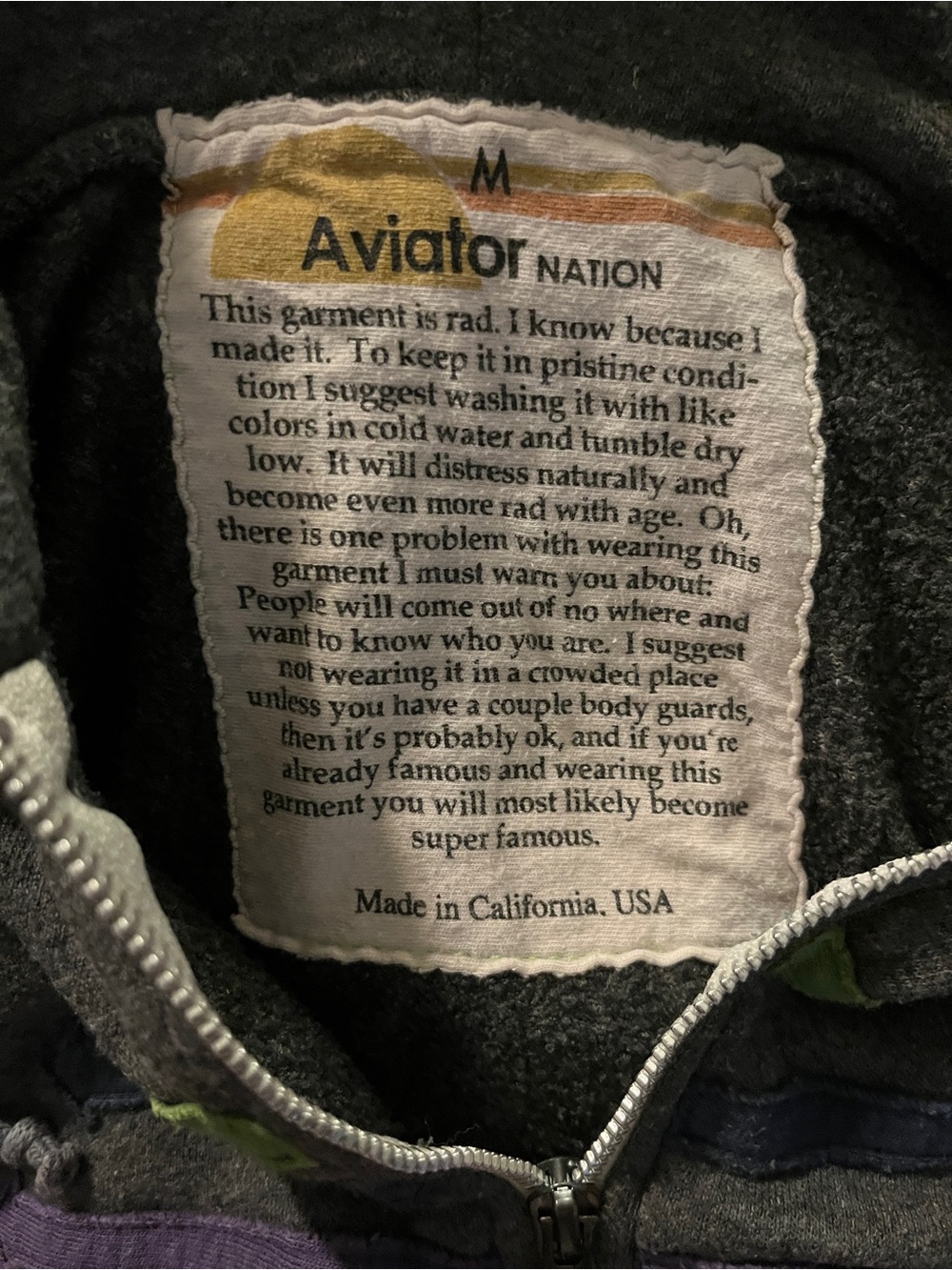 Aviator Nation Charcoal Gray Zip Up Hoodie with Rainbow Accents M Cute Unique - Picture 2 of 7